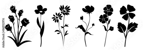 Set of flower silhouettes on a white background. Black flower and leaf elements are suitable for various design projects.