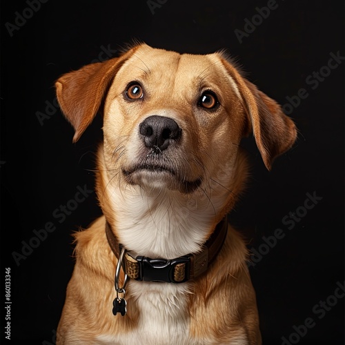 a dog with a dog collar looking at the camera