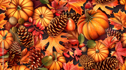Autumn leaves, pumpkins, cones seamless background