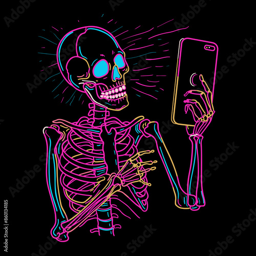 Wallpaper Mural Colorful neon human skeleton looking at mobile gadget, online dependency and smartphone addiction concept, isolated on black background
 Torontodigital.ca