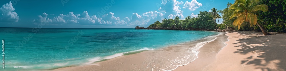 Fototapeta premium Idyllic vacations on a sandy, turquoise ocean beach with palms, an exotic paradise island.