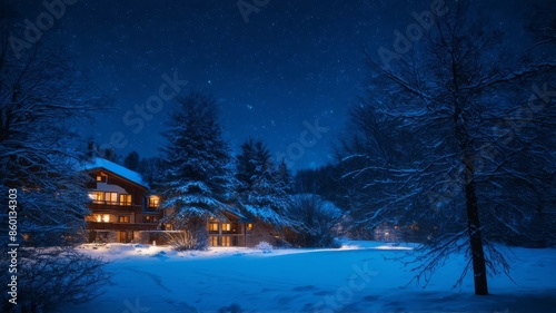The image shows a house in the middle of a snowy field at night, surrounded by trees covered in a blanket of snow. The sky is filled with stars, creating a peaceful atmosphere.