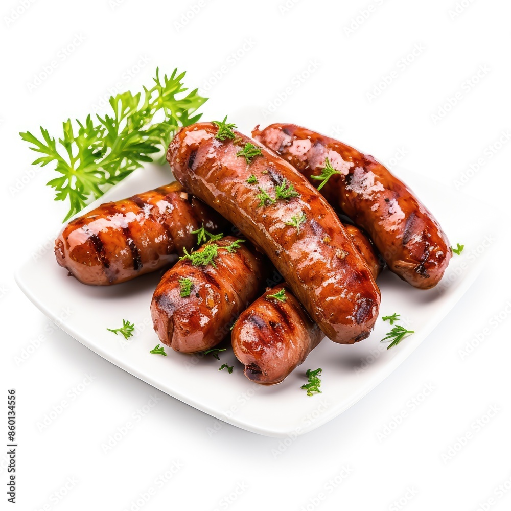 Delicious Grilled Sausages On White Plate with Fresh Herbs Delicious Grilled Sausages On White Plate with Fresh Herbs