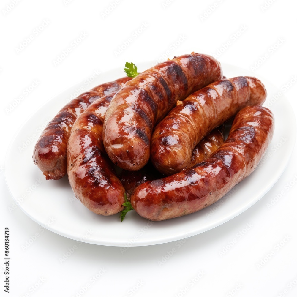 Succulent Grilled Sausage Links on White Plate Succulent Grilled Sausage Links on White Plate