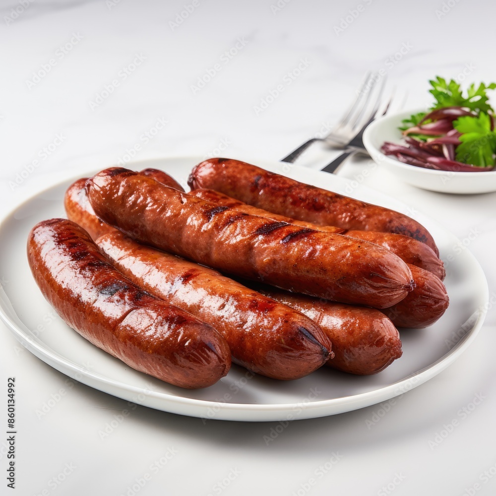Grilled Sausage Links On White Plate With Garnish Grilled Sausage Links On White Plate With Garnish