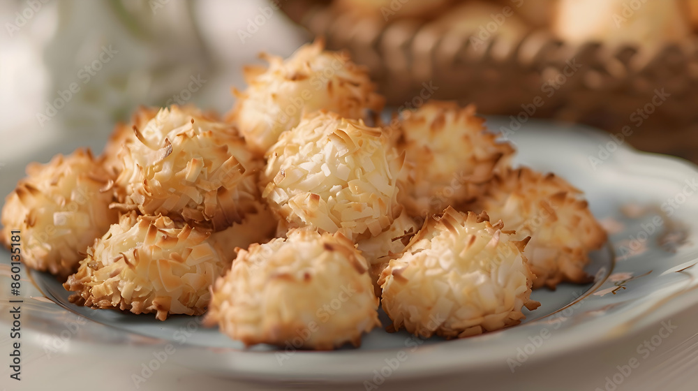 A plate of chewy fast food coconut macaroons with a golden crust A plate of chewy fast food coconut macaroons with a golden crust
