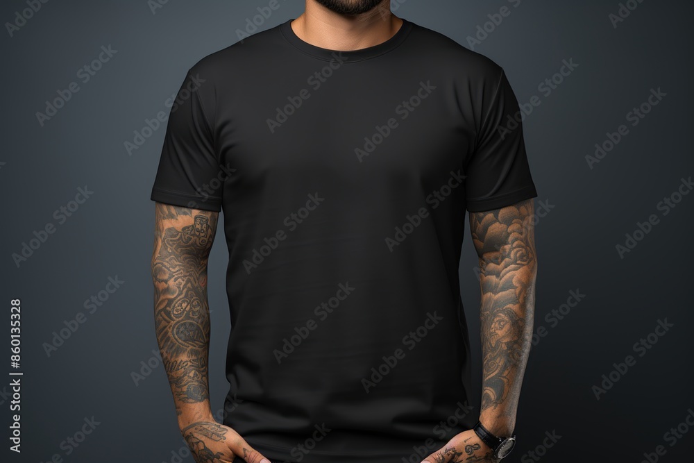 Naklejka premium Man with Tattooed Arms Wearing Black T-Shirt
