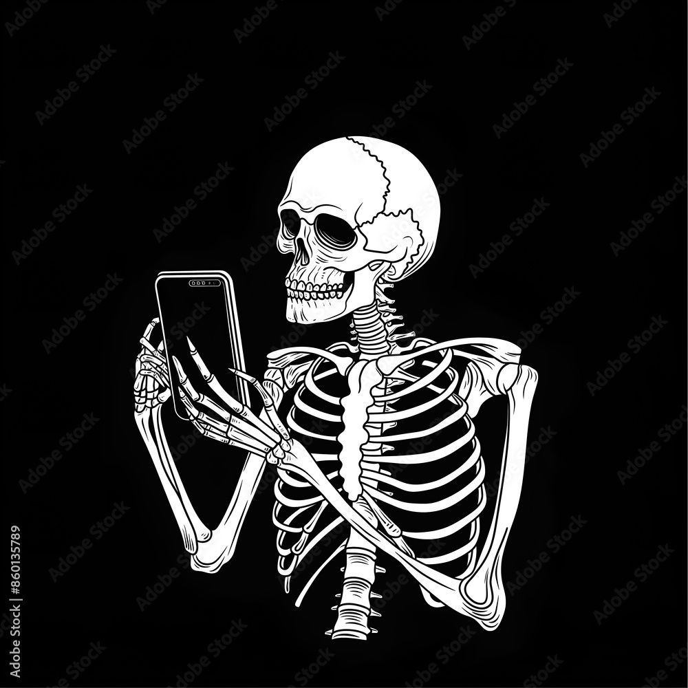 White human skeleton looking at mobile gadget, online dependency and smartphone addiction concept, isolated on black background