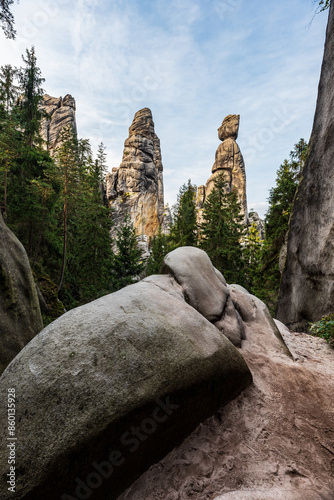 Starosta and Starostova rock towers in Adrspaske skaly rock town in Czech republic photo