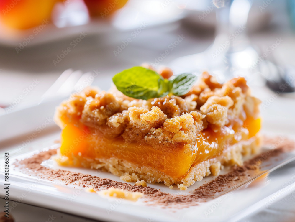 A mouth-watering peach crumble dessert served on a white plate, topped with a mint leaf for garnish, showcasing its golden-brown crumbly topping and soft, juicy peaches. A mouth-watering peach crumble dessert served on a white plate, topped with a mint leaf for garnish, showcasing its golden-brown crumbly topping and soft, juicy peaches.