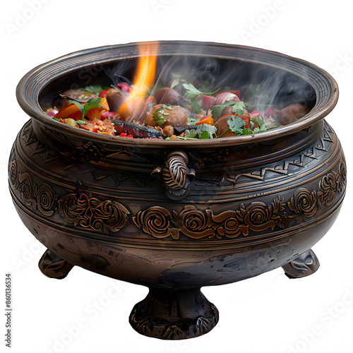 large cauldron on a wood stove with fire for cooking traditional uzbek pilaf in a restaurant in uzbekistan isolated on white background, png photo