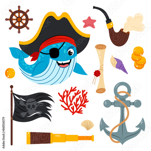Cartoon set whale in a pirate costume with different items. Whale in flat style. Sea animals for kids. Baby character on a white background.