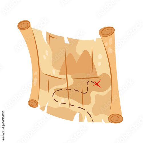 Cartoon treasure map in flat style. Pirates map. Old map. Cartoon kids illustration of card on white background.