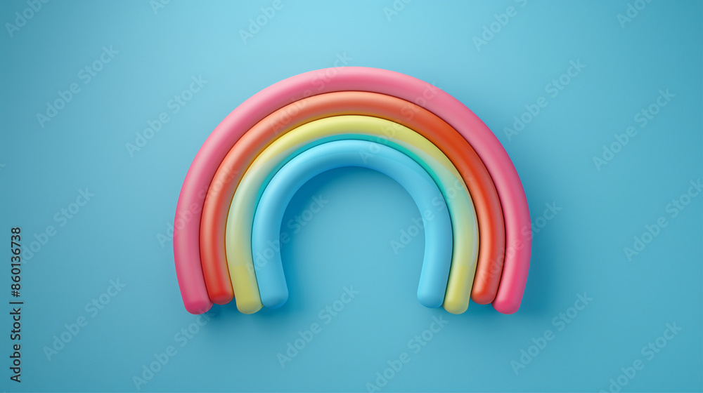 A cheerful and vibrant rainbow sculpture made of colorful, curved pieces, set against a bright blue background, symbolizing diversity, hope, and positivity. A cheerful and vibrant rainbow sculpture made of colorful, curved pieces, set against a bright blue background, symbolizing diversity, hope, and positivity.
