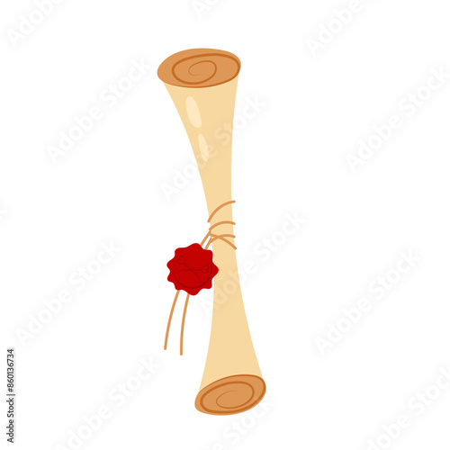 Flat style parchment scroll on white background. Cartoon paper scroll. Message. Antiqued paper.