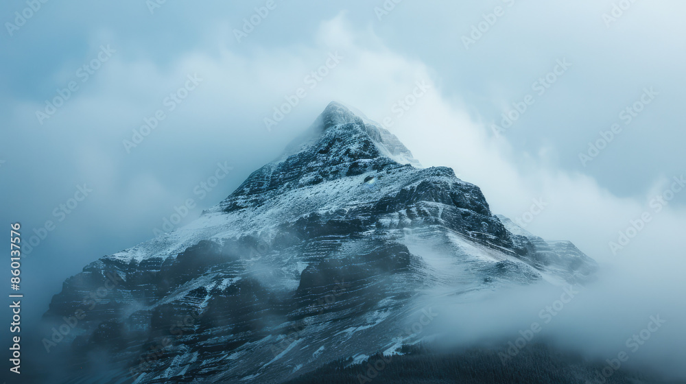 Majestic mountain peak surrounded by mist creating a mystical ambiance Majestic mountain peak surrounded by mist creating a mystical ambiance