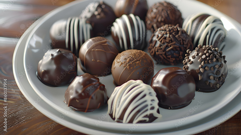 A plate of decadent fast food chocolate truffles with a variety of flavors A plate of decadent fast food chocolate truffles with a variety of flavors