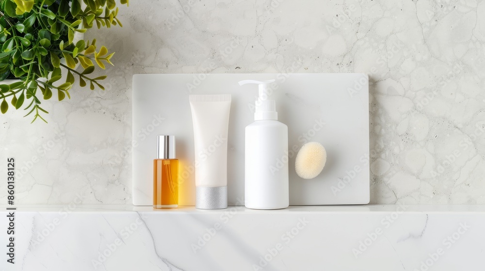 a minimalist flat lay composition featuring a selection of luxury makeup products