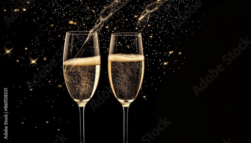 Two champagne glasses with golden bubbles and stars on a black background.