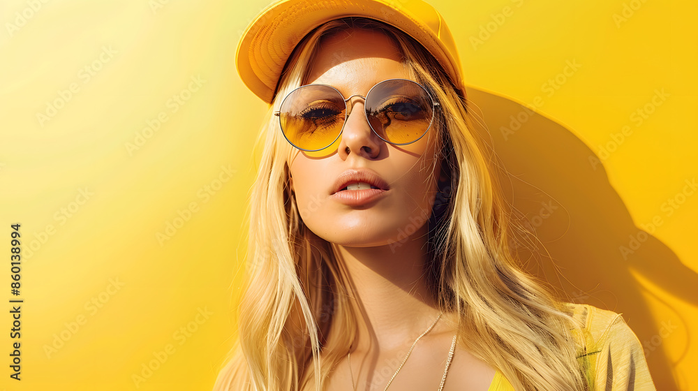 Elegant blonde woman wearing fashion cap sunglasses enjoying sun on yellow summer background : Generative AI