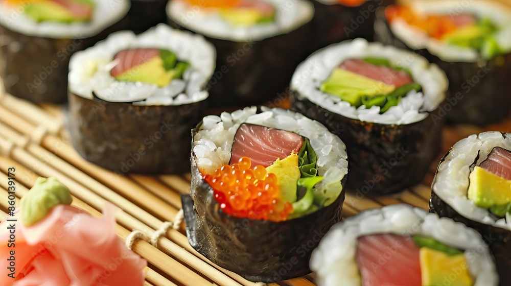 Sushi rolls with various fillings served on a wooden platter Sushi rolls with various fillings served on a wooden platter