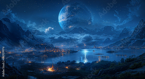 Alien planet landscape with a moon