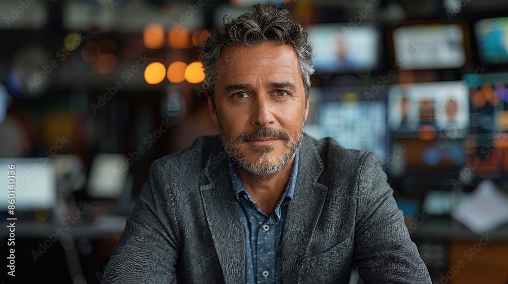 A confident man with grey hair and a neatly trimmed beard is sitting in an office, wearing a grey jacket, representing professionalism and business acumen. A confident man with grey hair and a neatly trimmed beard is sitting in an office, wearing a grey jacket, representing professionalism and business acumen.