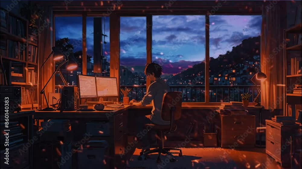 A cozy lofi student study room with a wooden desk and chair near a large window showing a serene night view.
