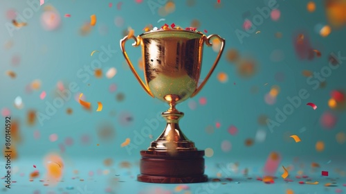 Gold Trophy With Pink Confetti on Blue Background