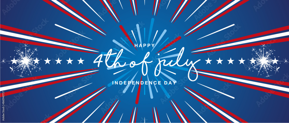 Fototapeta premium 4th of July handwritten typography. Happy USA independence day with stars and blue white red glitter firework on blue background