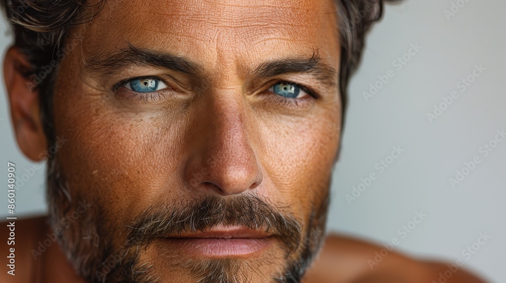 A man with intense blue eyes and a sturdy beard looks focused and determined, his piercing gaze captivating the viewer in this detailed close-up portrait. A man with intense blue eyes and a sturdy beard looks focused and determined, his piercing gaze captivating the viewer in this detailed close-up portrait.