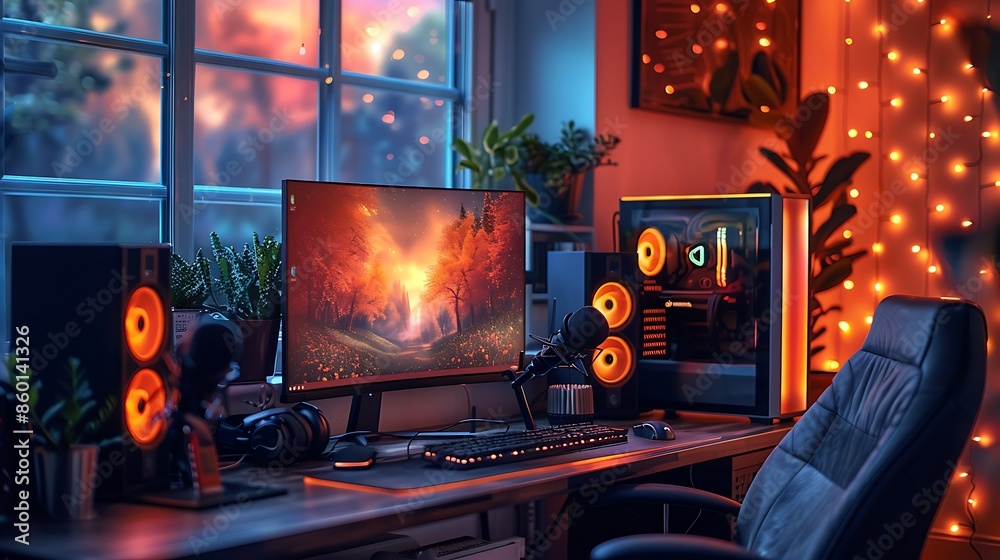 A realistic photo of a streamer's paradise with a dual monitor setup, professional studio lighting, and soundproofing foam panels. A realistic photo of a streamer's paradise with a dual monitor setup, professional studio lighting, and soundproofing foam panels.