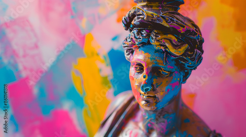 Antique statue bust painted in colorful paints graffiti over light background Street style Contemporary art collage Concept of postmodern creativity imagination pop art Creative design : Generative AI