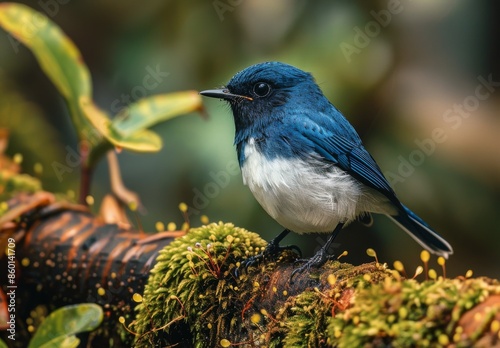 Blue And White Bird Perched On Moss Covered Branch In Lush Green Forest