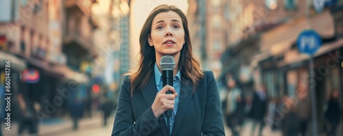 Newscaster in front of the camera reporting breaking news.