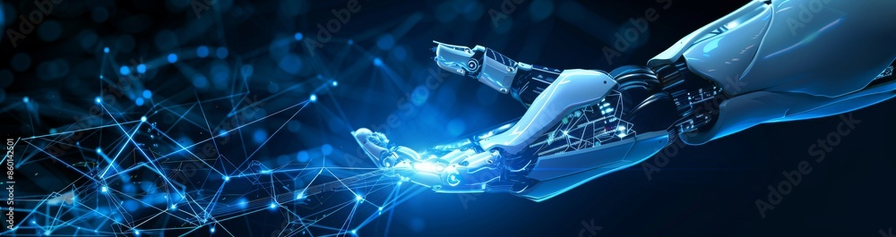Obraz premium Futuristic robotic hand reaching towards digital particles on a dark blue background