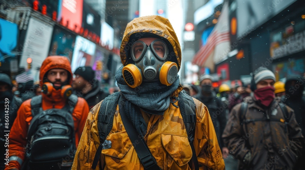 A masked protester in a yellow rain jacket, wearing protective goggles, stands amidst a crowded urban rally setting, conveying a sense of determination. A masked protester in a yellow rain jacket, wearing protective goggles, stands amidst a crowded urban rally setting, conveying a sense of determination.