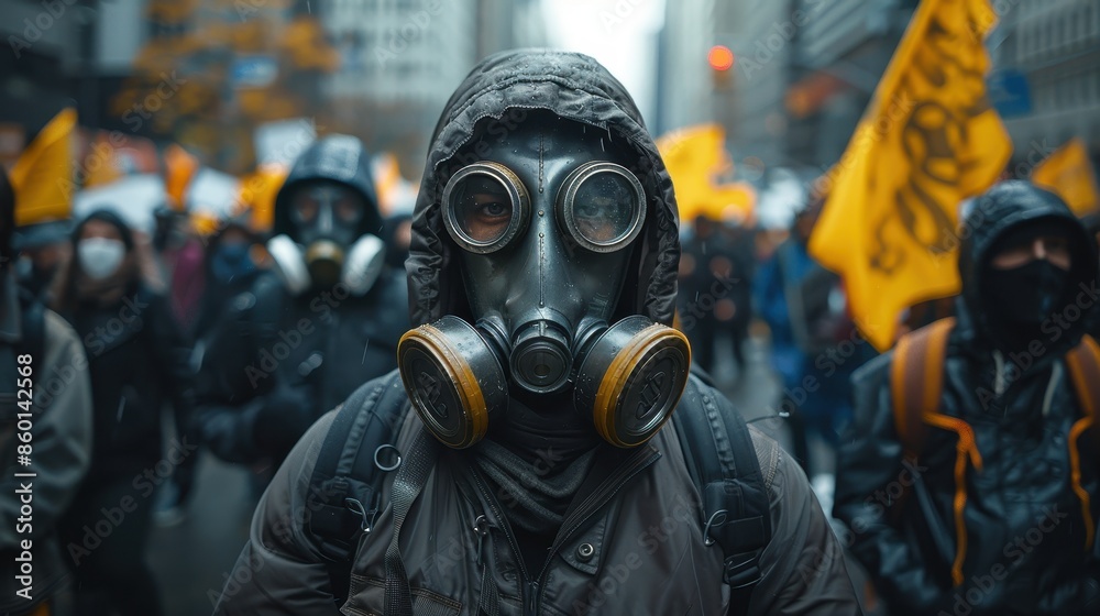 A person in a gas mask and hooded jacket stands amidst a crowd of protesters carrying yellow flags in an urban setting during a mass demonstration.