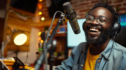 dj in action laughing and talking into a microphone