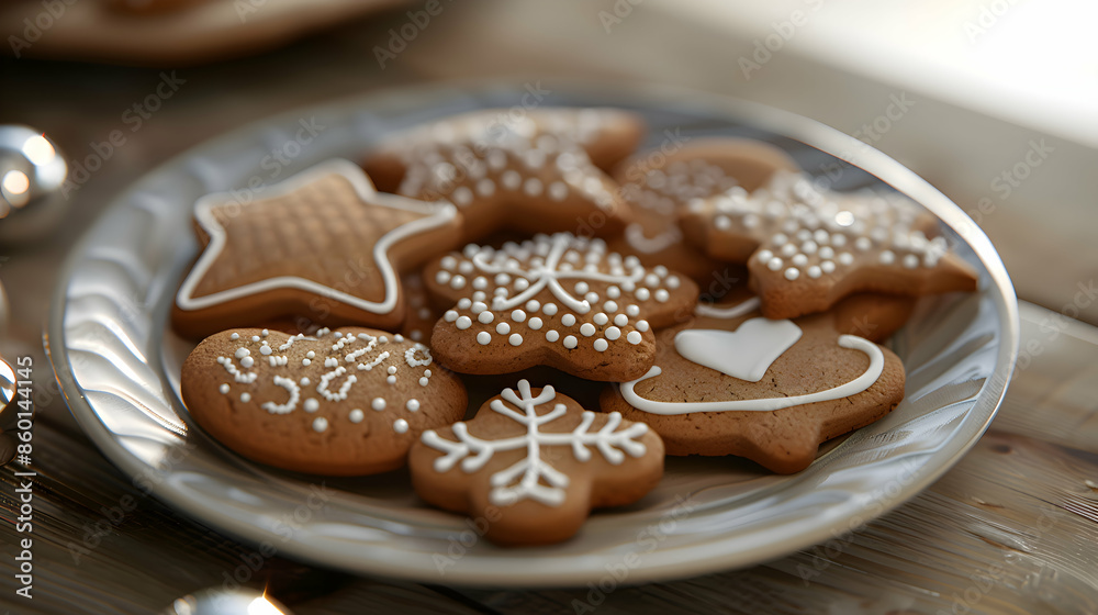A plate of delicious fast food gingerbread cookies with a variety of shapes and decorations A plate of delicious fast food gingerbread cookies with a variety of shapes and decorations