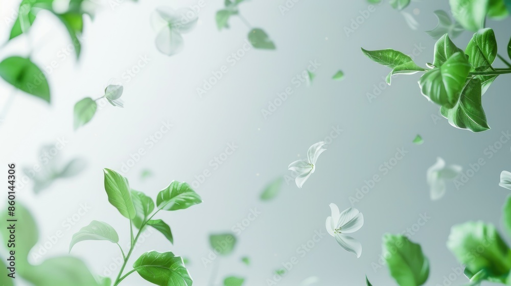 Serene leaves and flowers floating on light backdrop Serene leaves and flowers floating on light backdrop