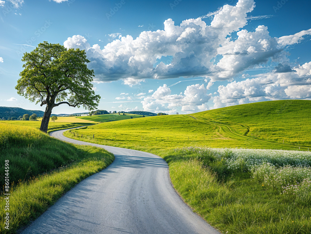 Naklejka premium A winding road leading through the green fields