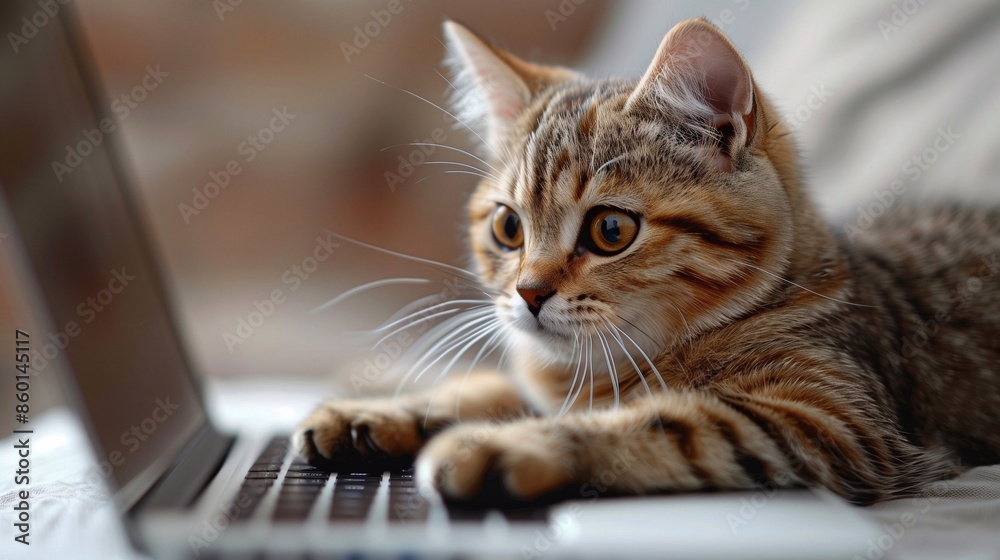 Striped cute kitten at the laptop. Striped cute kitten at the laptop.