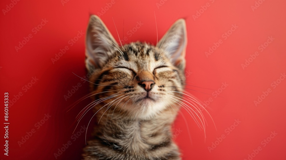 Cute Cat. Close-up. Isolated against a vibrant red background. Kitty. Feline. Pet. Cute Cat. Close-up. Isolated against a vibrant red background. Kitty. Feline. Pet.