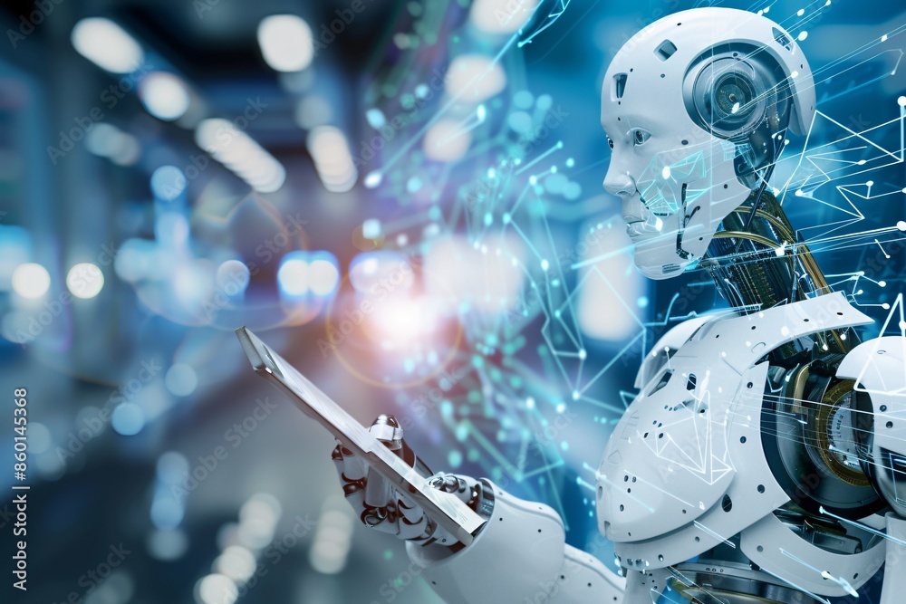 Fototapeta premium Futuristic Robot Using a Tablet