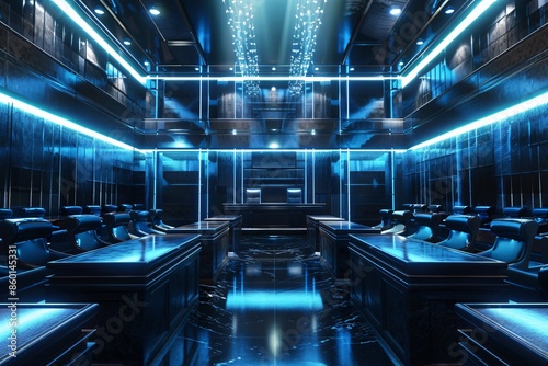 Futuristic Conference Room With Blue Lighting. © Siripong