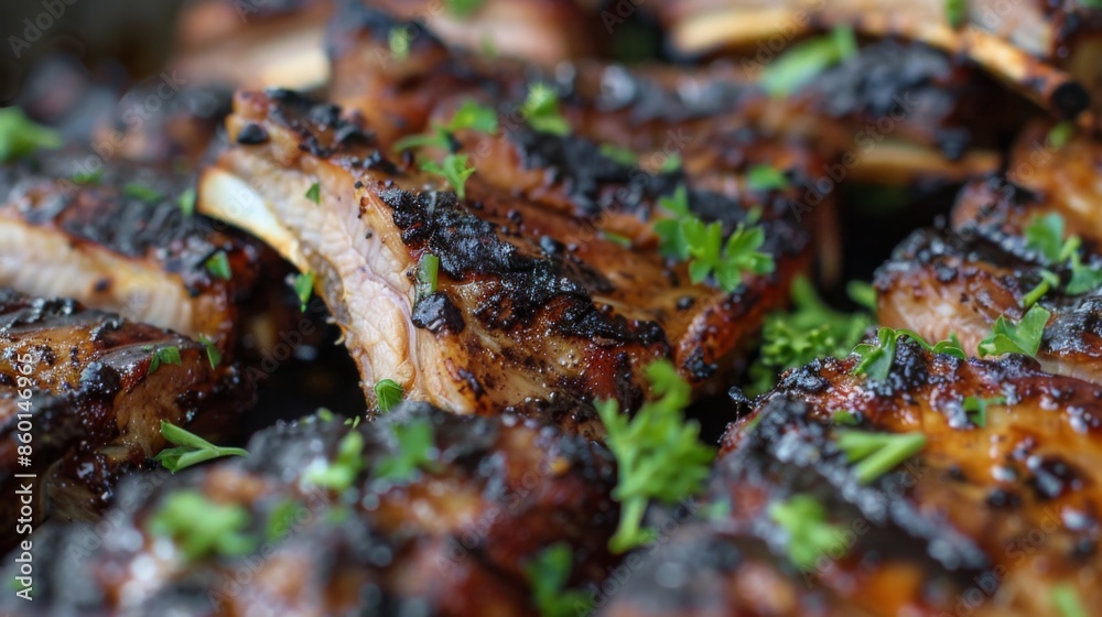 A close-up of caramelized grilled pork ribs with charred edges, sprinkled with fresh herbs A close-up of caramelized grilled pork ribs with charred edges, sprinkled with fresh herbs