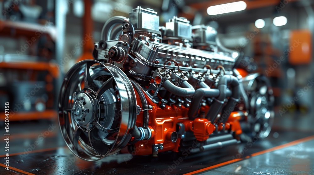 Fototapeta premium Detailed 3D rendering of a car internal combustion engine including power, ignition, cooling, lubrication and exhaust systems, crank and gas distribution mechanism.
