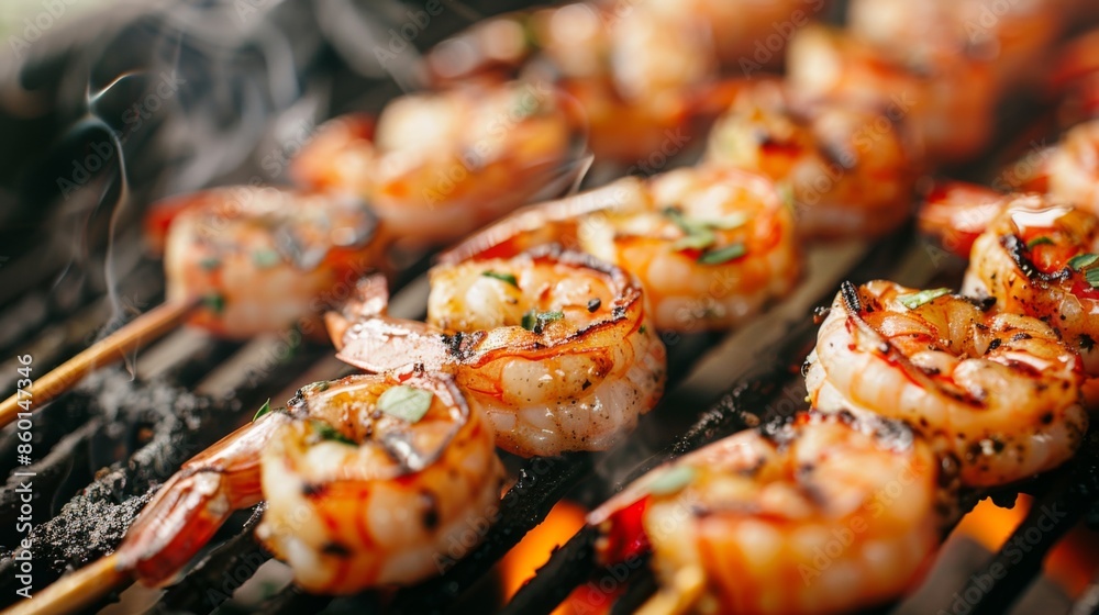 A close-up of marinated shrimp skewers sizzling on a hot grill, with grill marks visible A close-up of marinated shrimp skewers sizzling on a hot grill, with grill marks visible