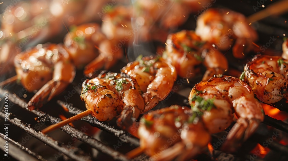 A close-up of marinated shrimp skewers sizzling on a hot grill, with grill marks visible
